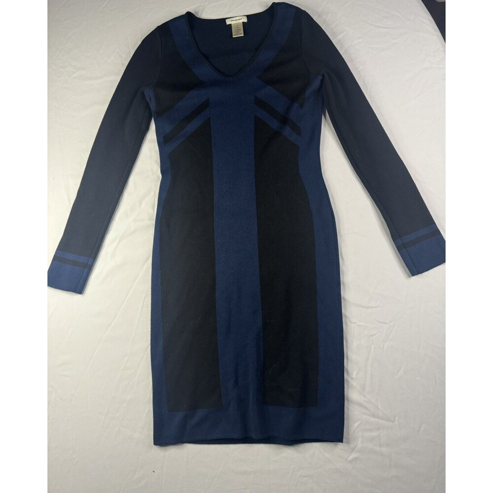 Max Studio Womens Small Long Rayon Dress Blue Black Striped Fitted Tight